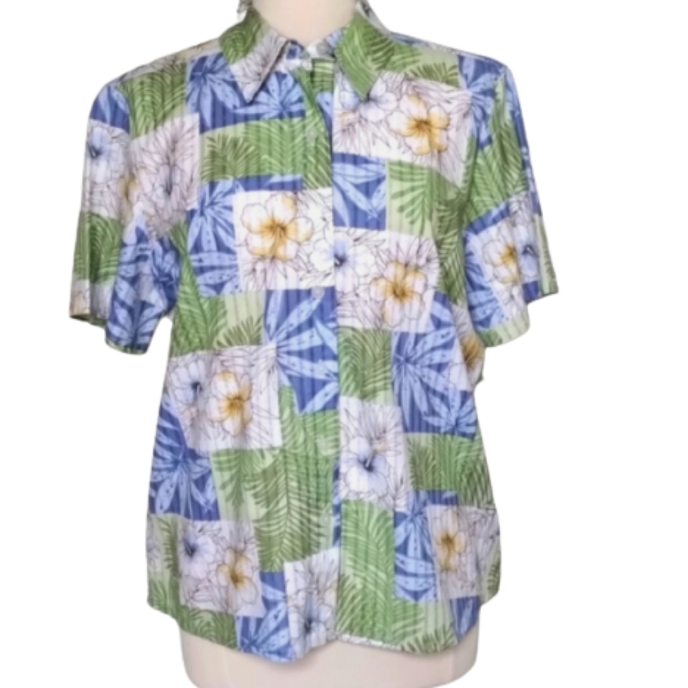 Alfred Dunner Vintage Hawaiian Shirt Blue Green Patchwork Colorblock Top Sz 14
